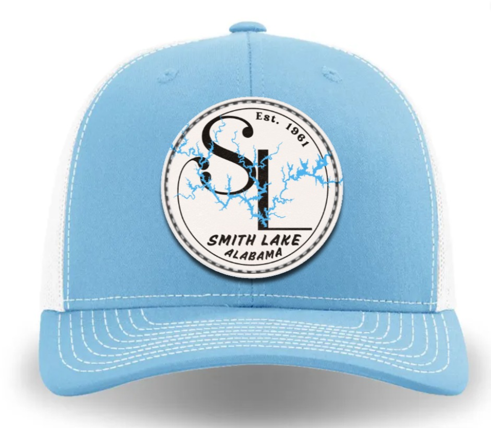 Smith Lake SL Logo White Leather Patch Trucker Cap Columbia Blue/White