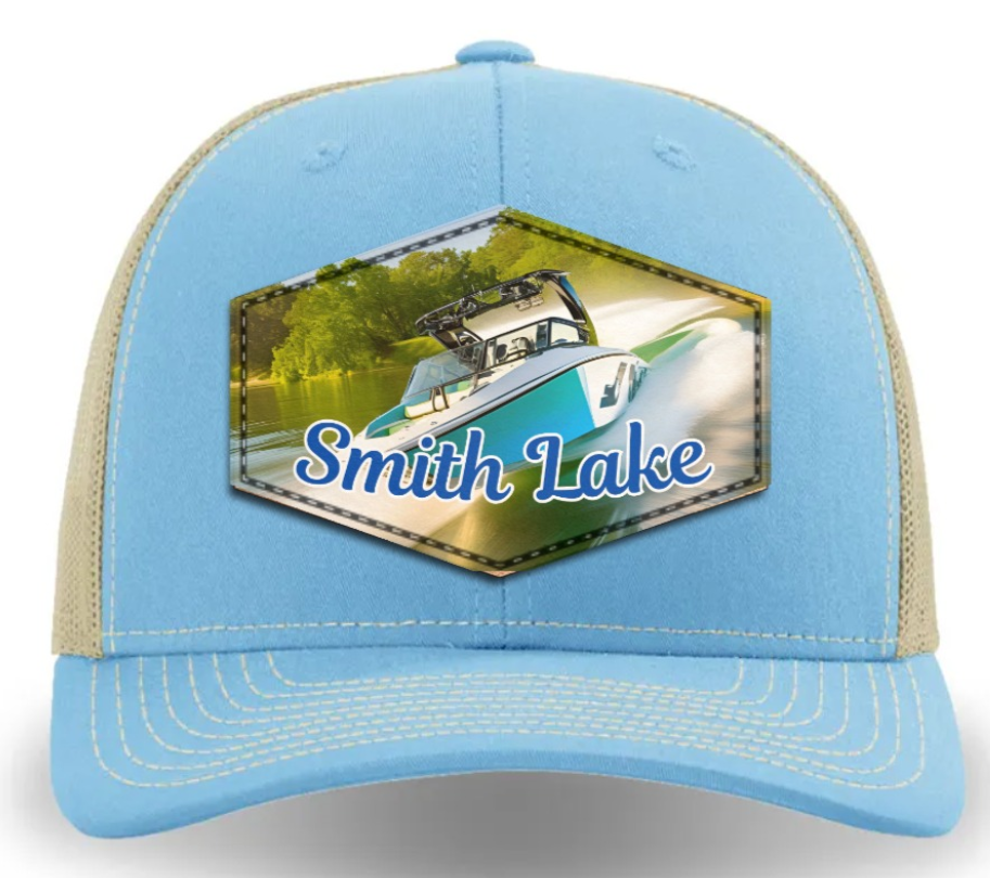 Smith Lake Wake Boat Logo Dyed Leather Patch Trucker Cap Columbia Blue/Khaki