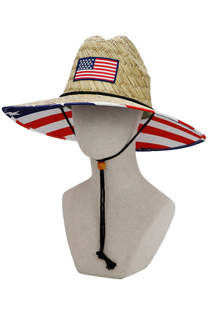 American Flag Under Brim Rush Straw Lifeguard Hat