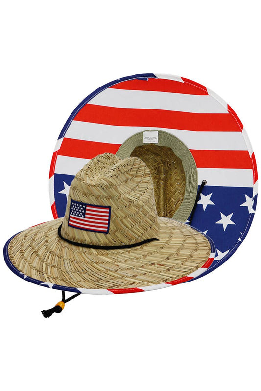 American Flag Under Brim Rush Straw Lifeguard Hat